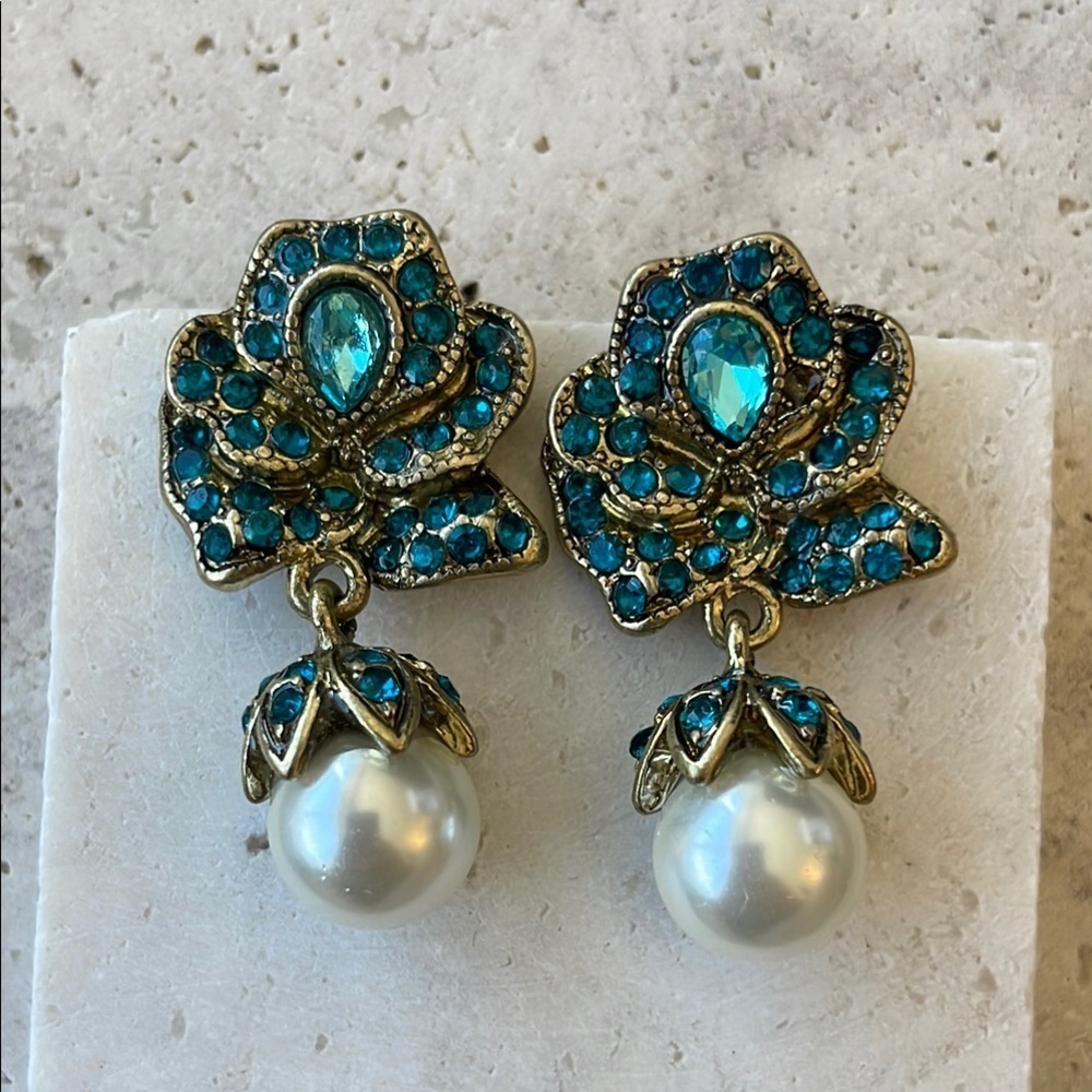 Heidi Daus Blue and Gold Floral Drop Earrings